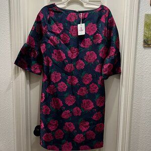 Janie and Jack Womens Floral Jacquard Dress Roses Navy Blue Bell Sleeve Sz 6 NWT